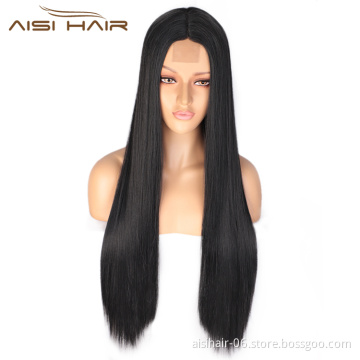 Aisi Hair Long Silky Straight Black Wig Middle Part Lace Front 26 Inch Synthetic Front Lace Hair Wigs For White Black Women